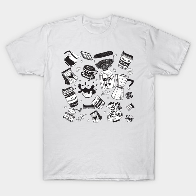 Quirky Doodle Coffee Tools - Wear Your Caffeine Creativity T-Shirt by Janatshie